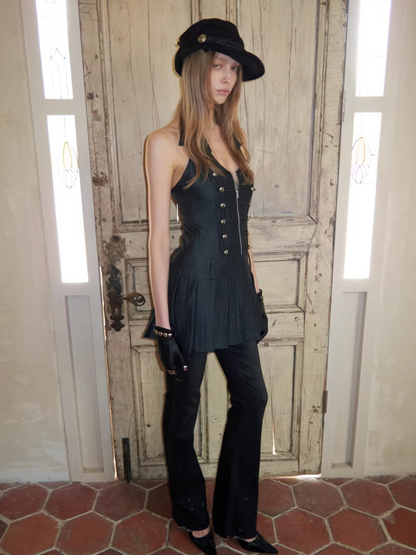 Court-Style Double-Breasted Open-Back Pleated Dress