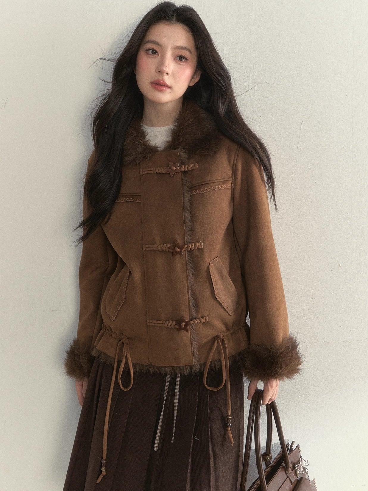 Oak Brown Suede Embroidered Shearling Jacket