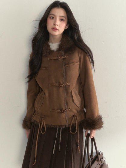 Oak Brown Suede Embroidered Shearling Jacket