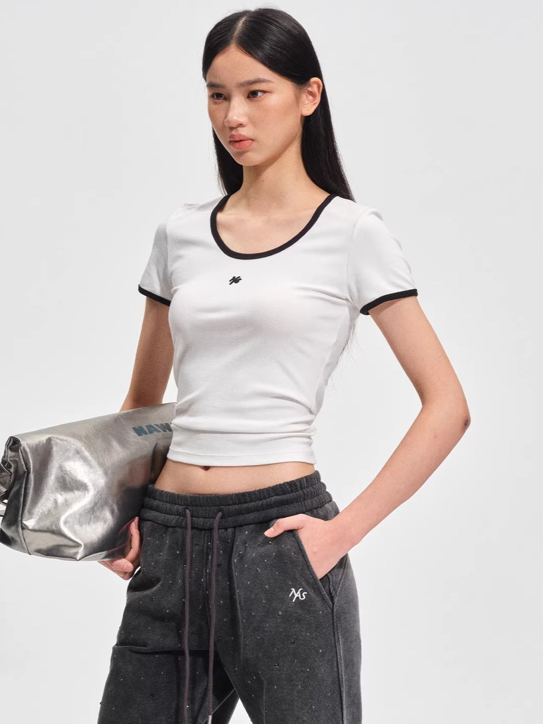 Ribbed Crewneck Fitted Sports T-Shirt