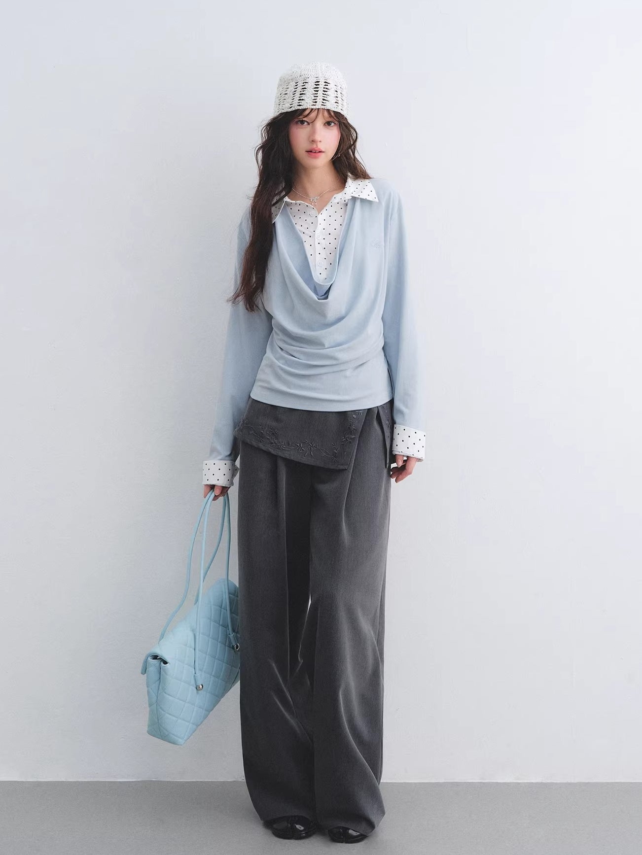 Embroidered Panel Wide-Leg Tailored Trousers