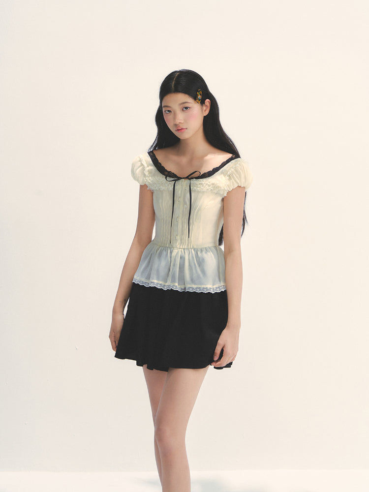 Tuck Pleat Color Blocked Tea- Length Dress