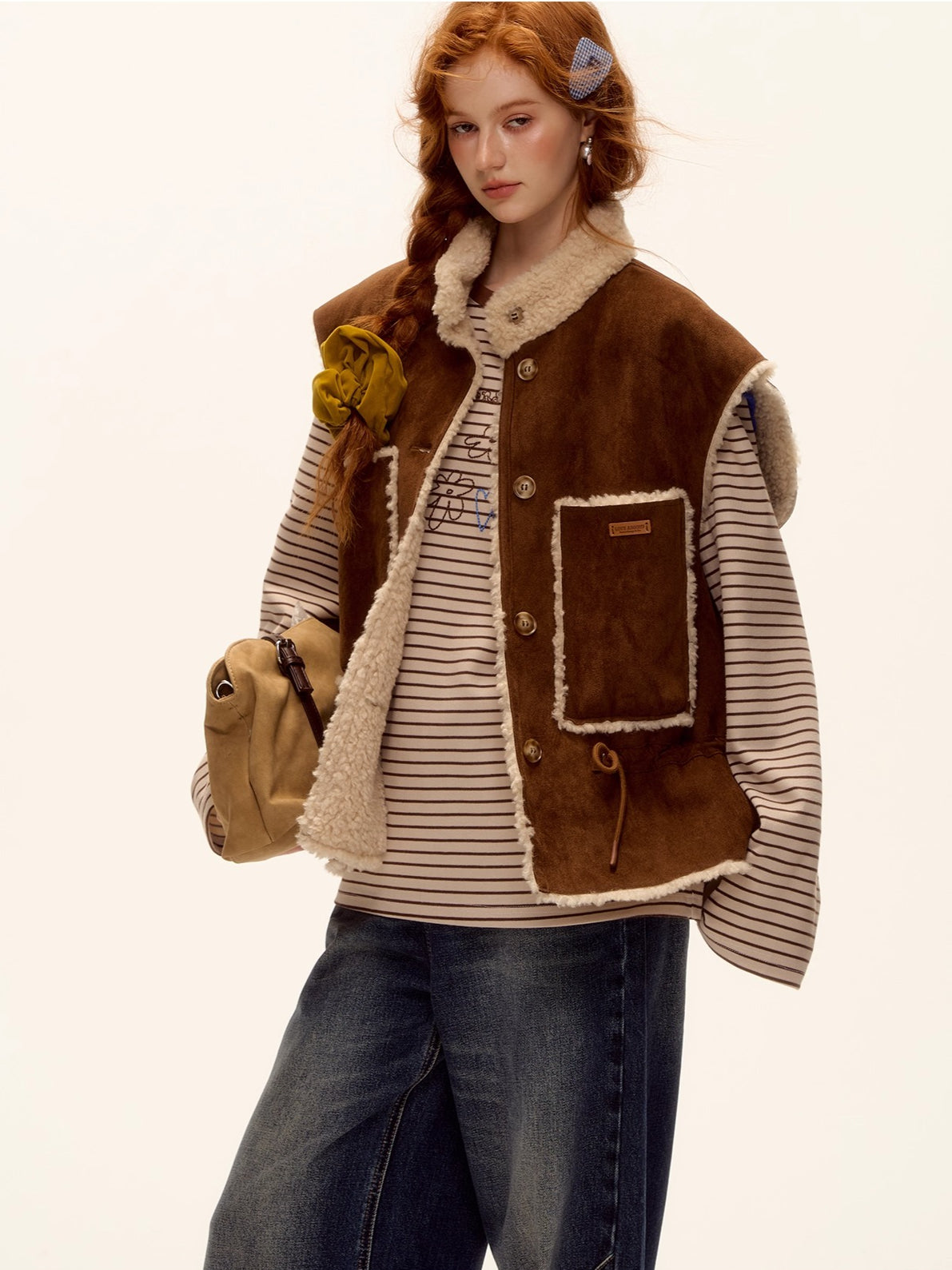 Reversible Faux Shearling Suede Drawstring Vest