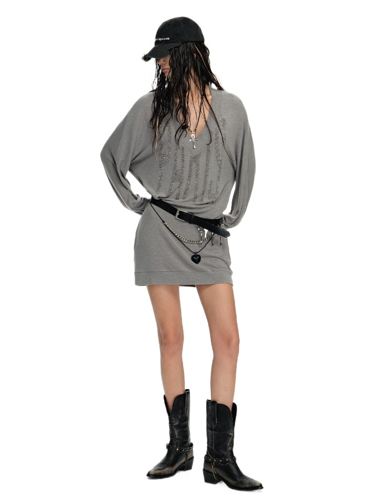 Silver Paris V-neck Rhinestone Sweatshirt Dress