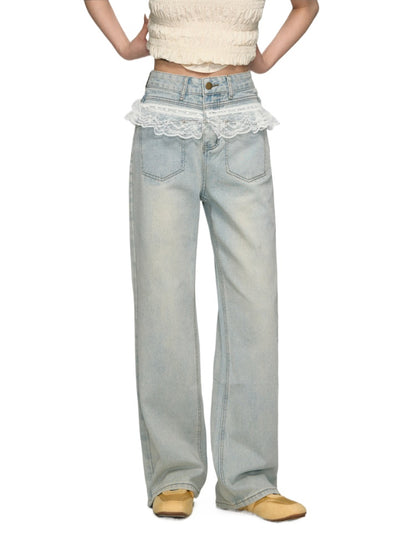 Lace-Trimmed Washed Straight-Leg Jeans Set - CHINASQUAD