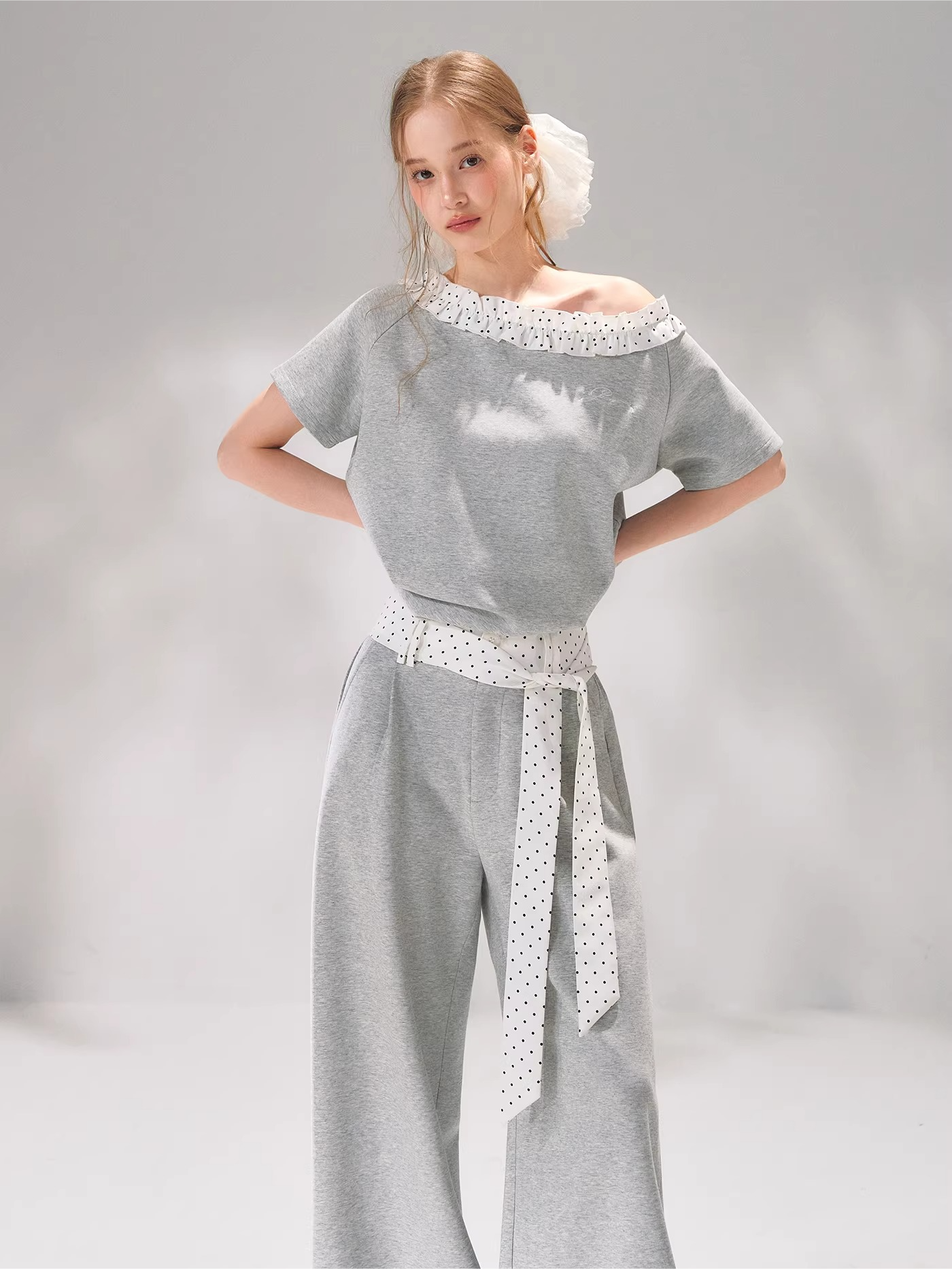 Polka Dot Ruffle Trim Off-Shoulder T-Shirt &amp; Tie-Waist Lounge Pants Set