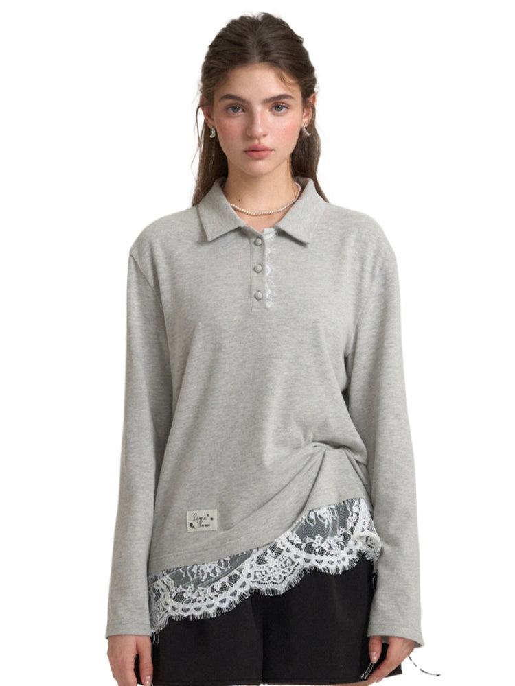 Polo Collar Lace-Trim T-Shirt