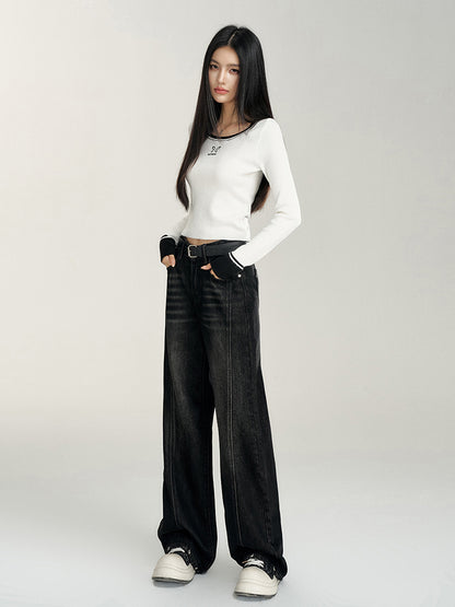 Heart-Patterned Fleece-Lined Wide-Leg Denim Pants