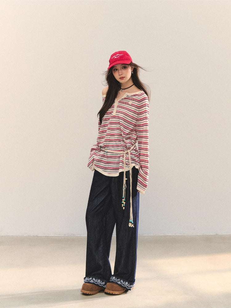 Embroidered Belt High-Waist Straight Pants