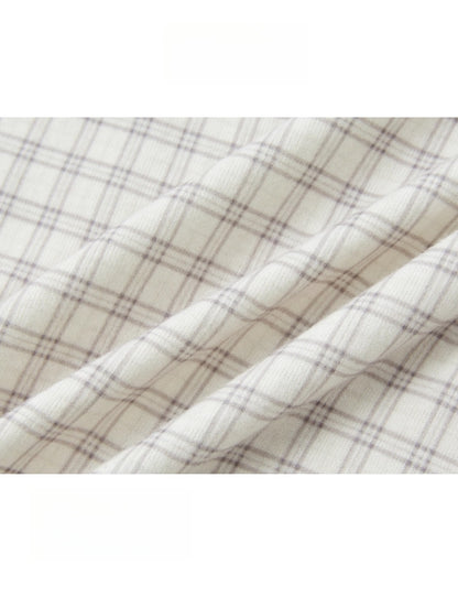 Velvet-Touch Plaid Draped Off-Shoulder Long Sleeve T-Shirts