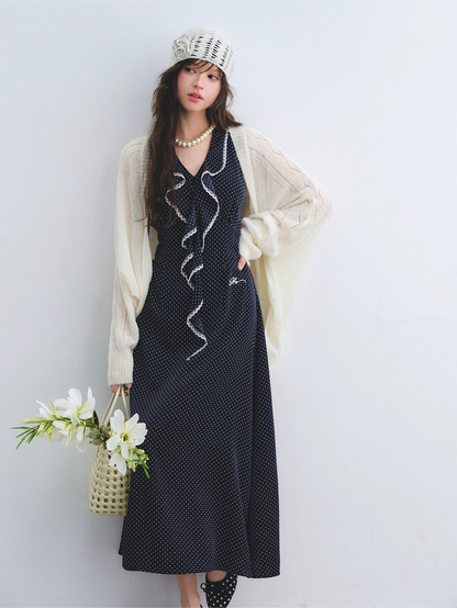 Navy Polka Dot Lace Ruffle V-Neck Sleeveless Midi Dress