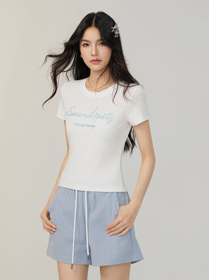 Tencel Sparkling Rhinestone Regular Shoulder T-shirt
