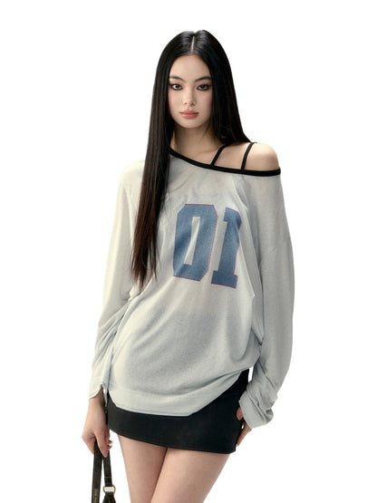 Letter Contrast Color Large Neck T-shirt