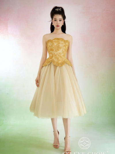Golden Embroidered Strapless Tulle Midi Dress