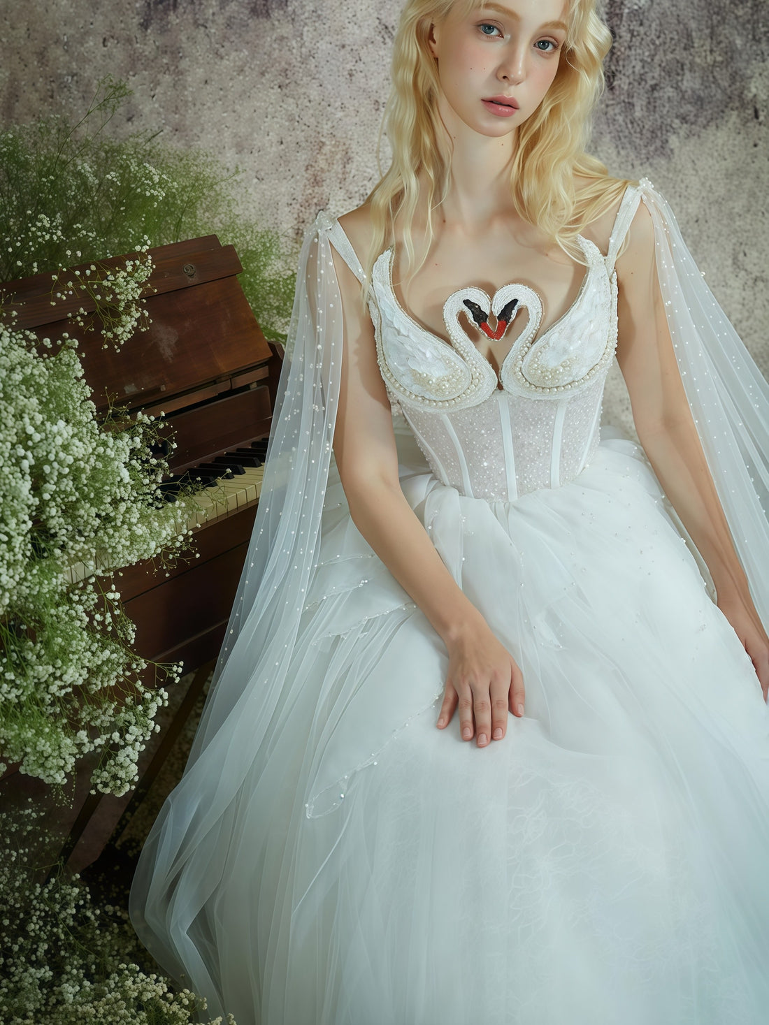 Swan Heart Illusion Embroidered Tulle Couture Gown