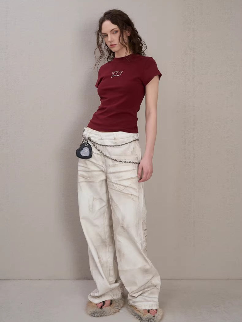 Side-Placket White Denim Jeans