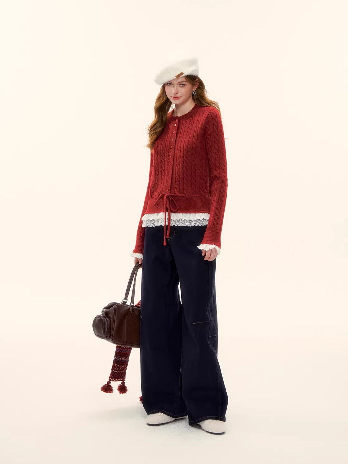 Cable Knit Lace-Hem Drawstring Sweater