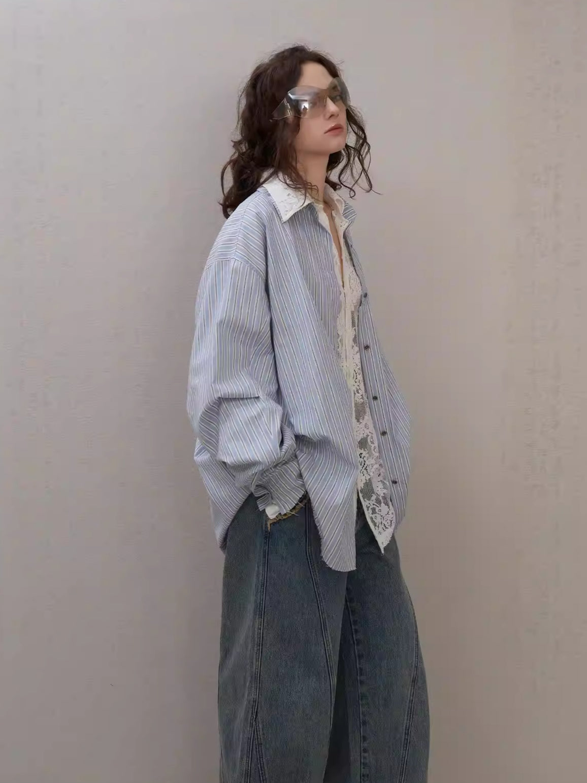 Asymmetric Pleated Stripe Cotton Shirt