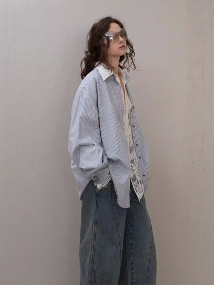 Asymmetric Pleated Stripe Cotton Shirt