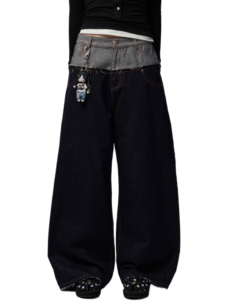 Double Waistband Raw Denim Wide-Leg Jeans - CHINASQUAD