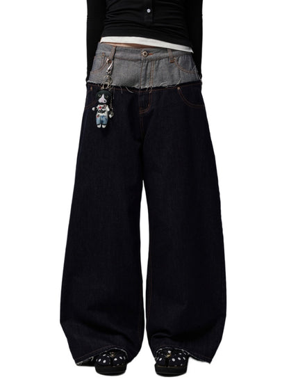 Double Waistband Raw Denim Wide-Leg Jeans - CHINASQUAD