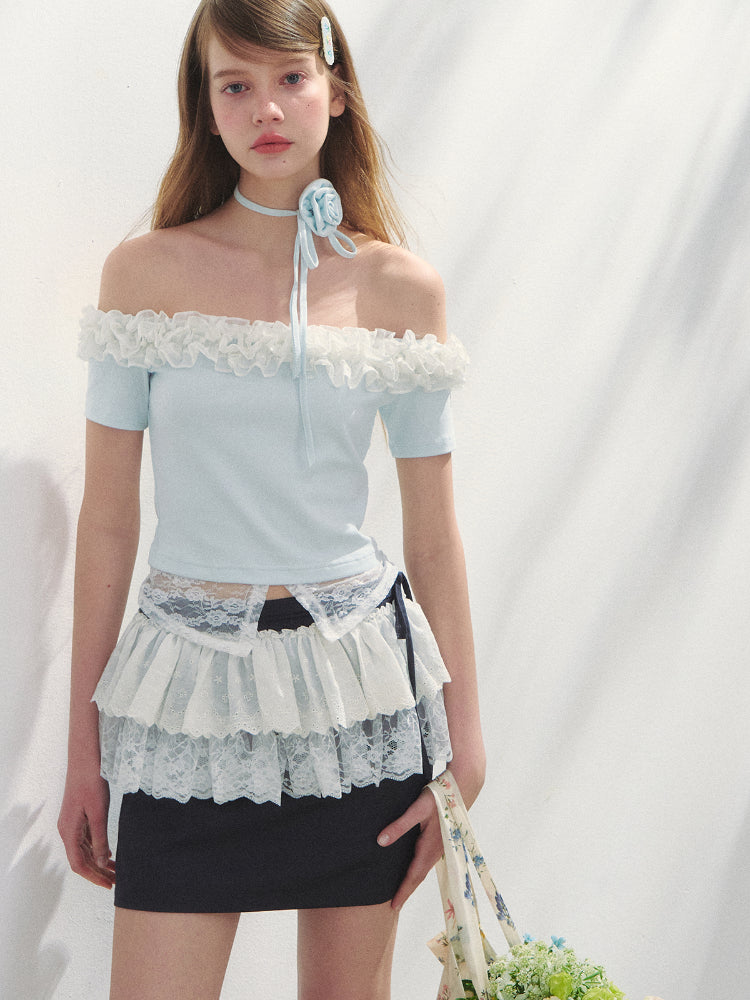 Off-Shoulder Irregular 3D Floral T-Shirt