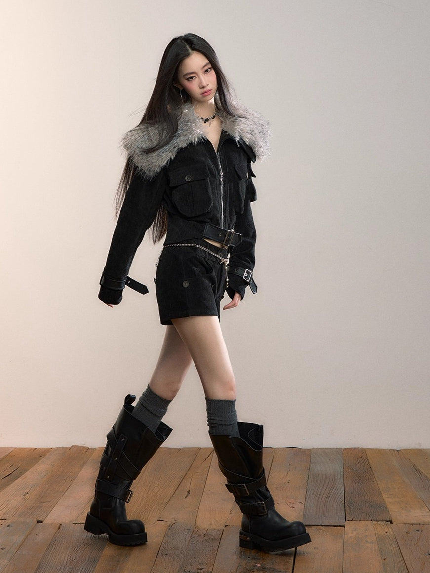 Leopard Faux Fur Collar Belted Puffer Jacket