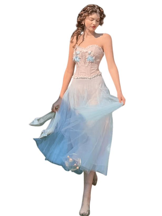 Blue Lily Strapless Corset Top &amp; Mesh Skirt Set