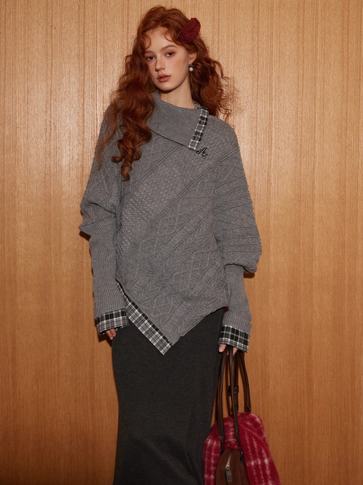 Plaid Patchwork Batwing Knit Turtleneck