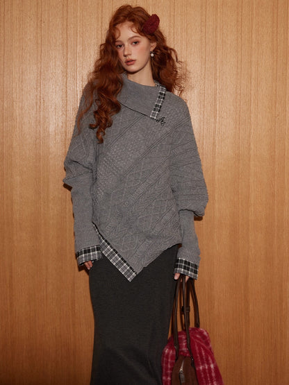 Plaid Patchwork Batwing Knit Turtleneck