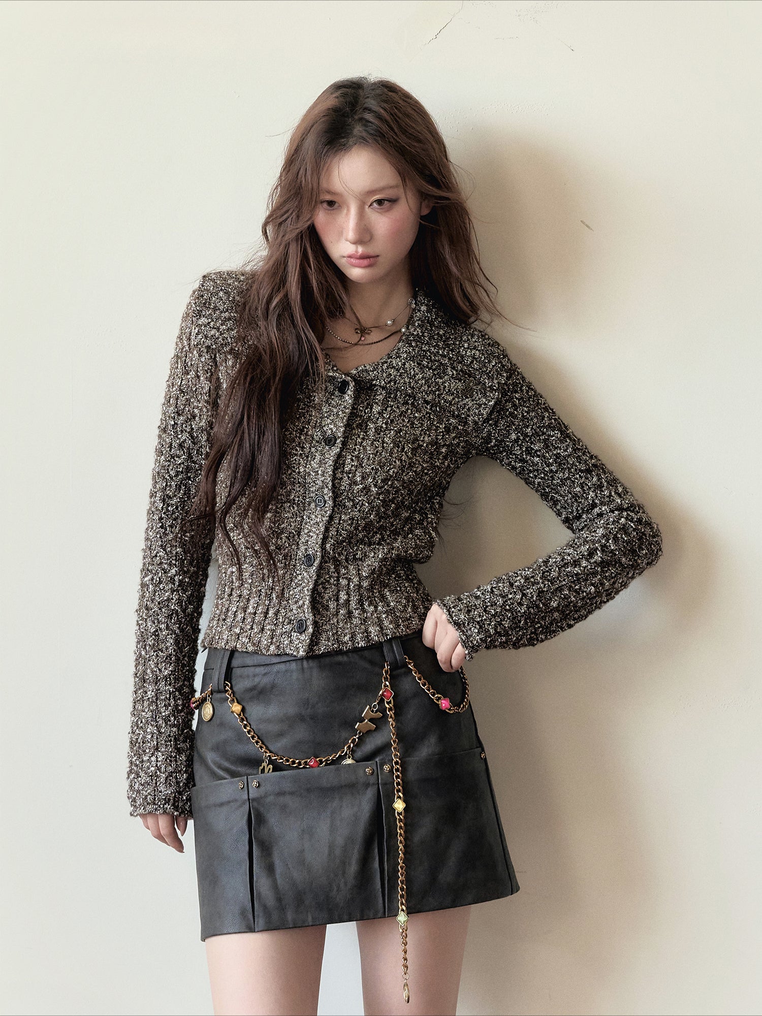 Lapel Collar Wool Short Knit Cardigan