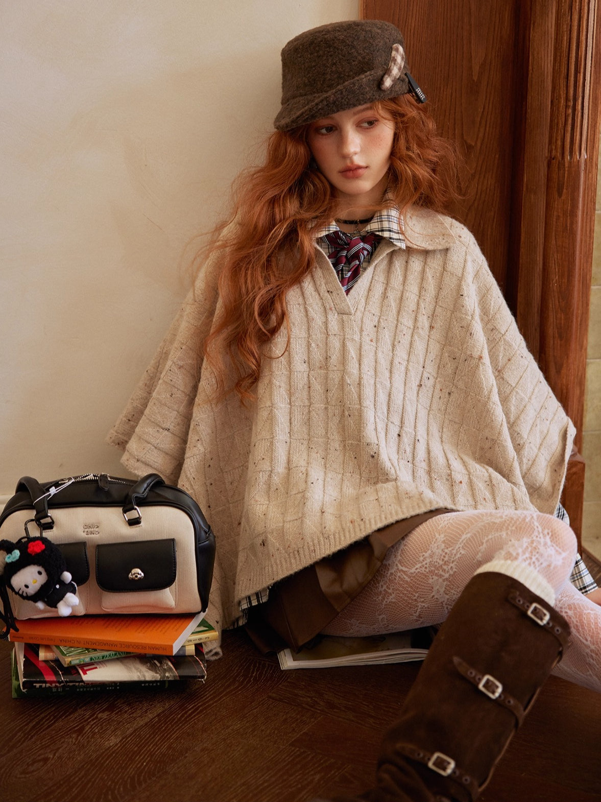 Oatmeal Wool Jacquard Cape Sweater