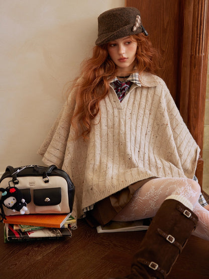 Oatmeal Wool Jacquard Cape Sweater