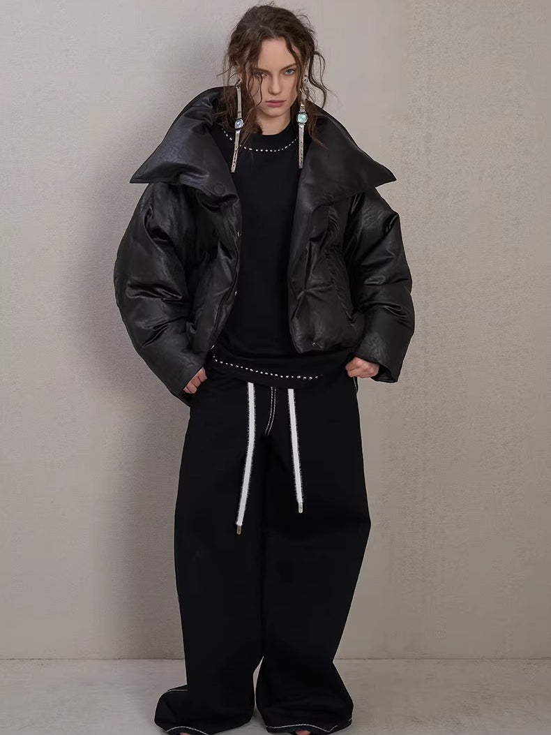 Oversized Leather-Texture Down Jacket