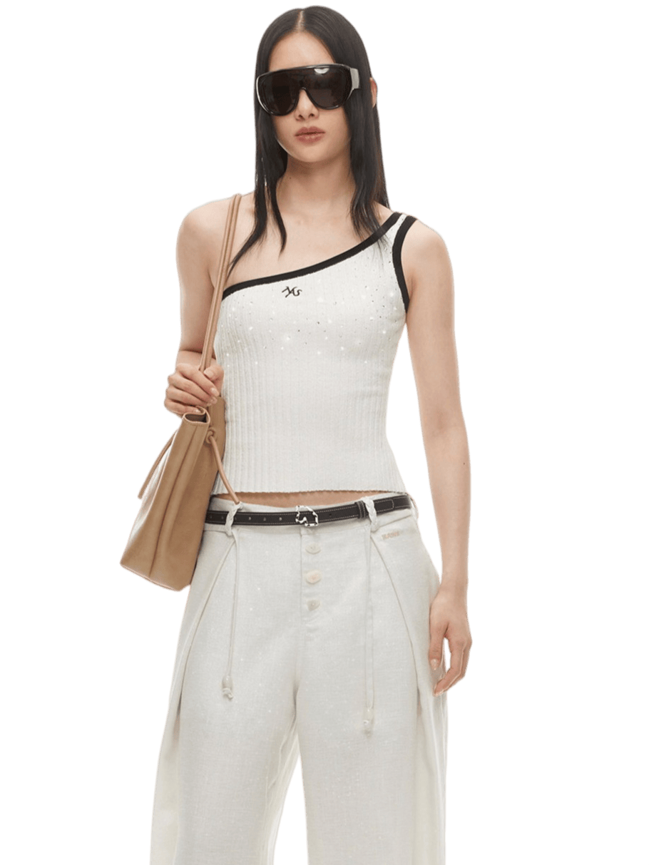 Asymmetric Rhinestone-Embellished Ribbed Tank Top