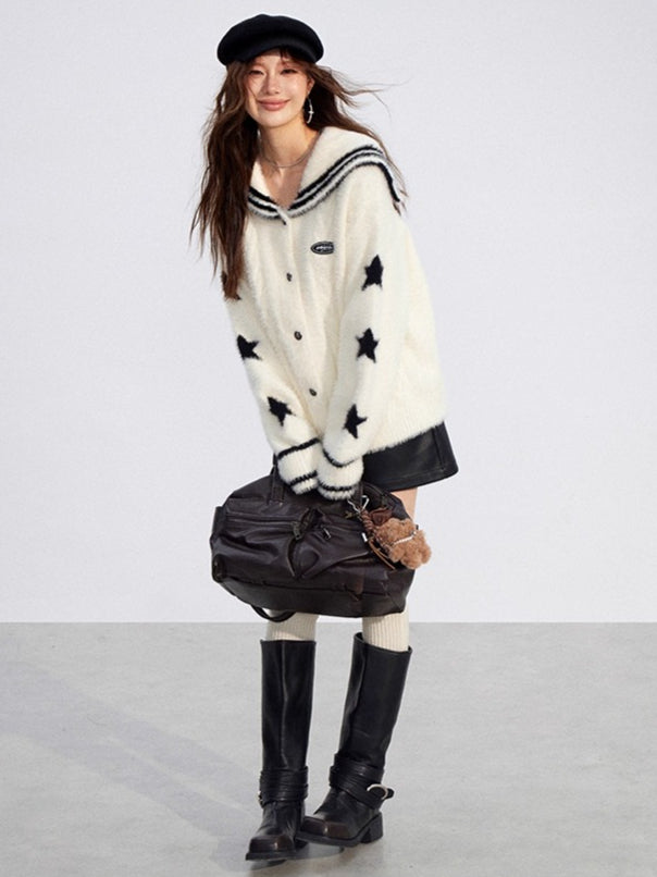 Navy-Collar Mink Plush Knit Turtleneck