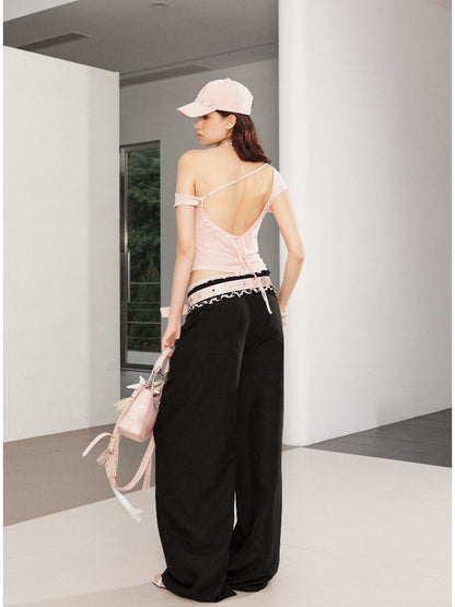 Irregular Ruffle Flower Asymmetric Shoulder Top