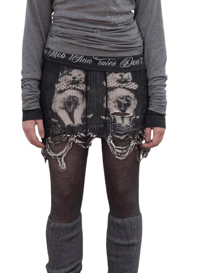 Cat Print Distressed Knit Mini Skirt