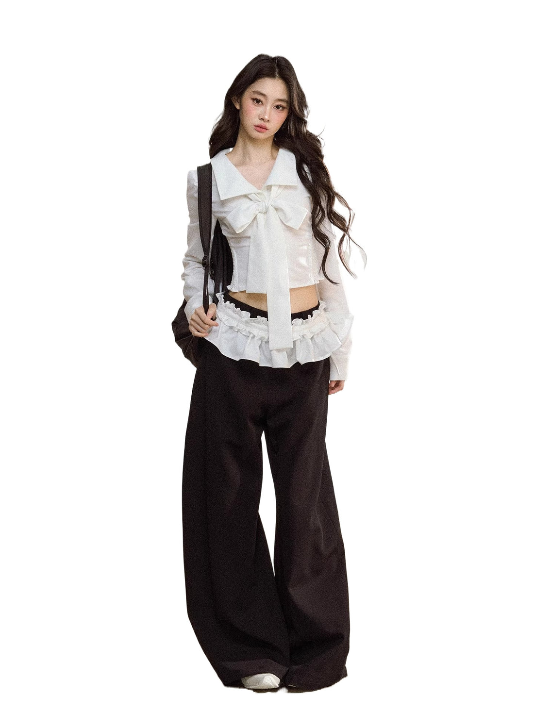 Butterfly Bow White Blouse &amp; Lace-Trim Straight Pants Set