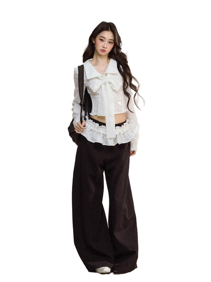 Butterfly Bow White Blouse &amp; Lace-Trim Straight Pants Set