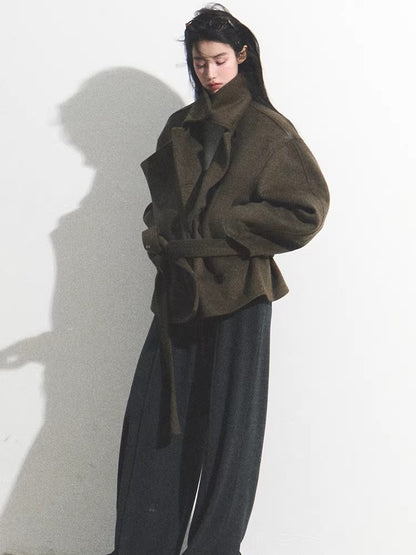 Waist-Defining Silhouette Stand-Collar Wool Coat