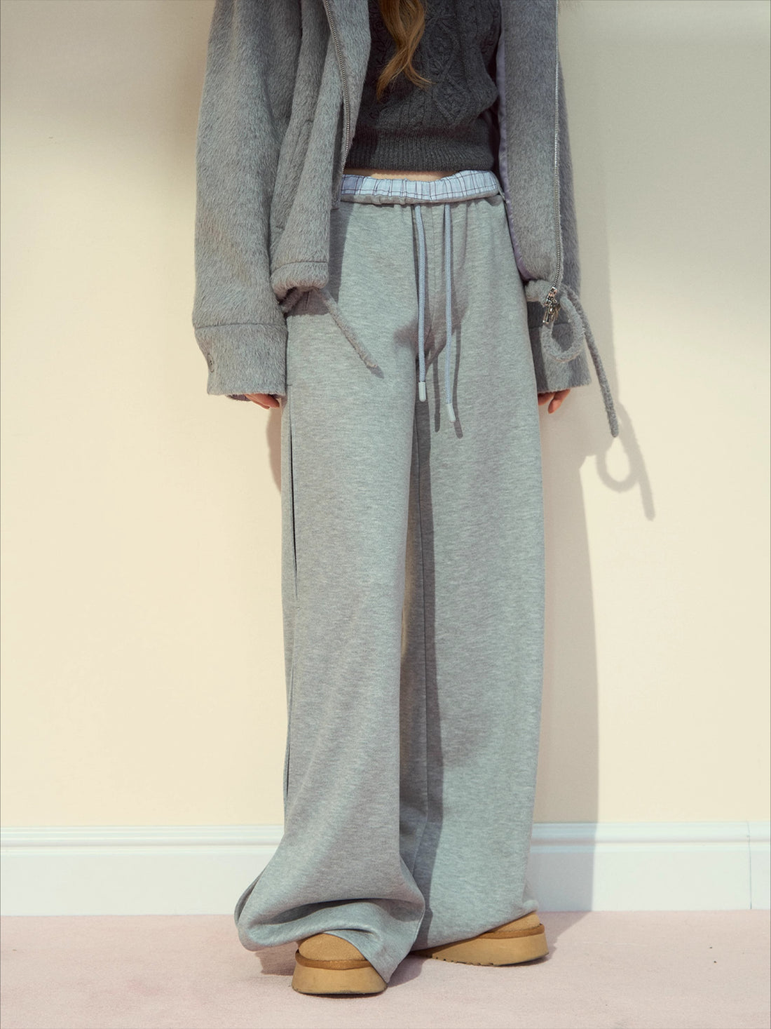 Plaid-Waist Straight Wool Trousers