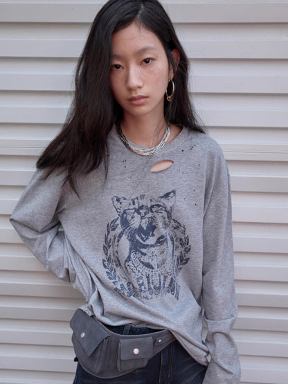 Vintage Cat &amp; Dog Print Distressed Long-Sleeve Tee - CHINASQUAD