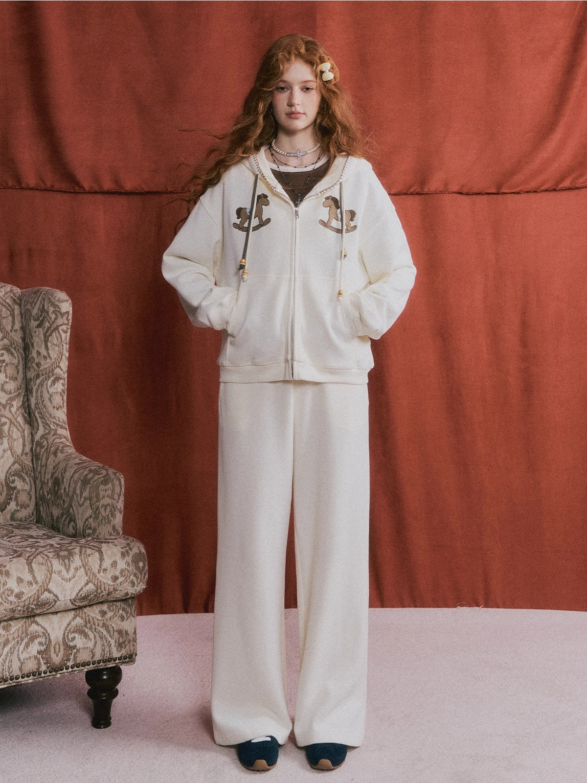 Embroidered Horse Beaded Zip-up Hoodie &amp; Pants Set
