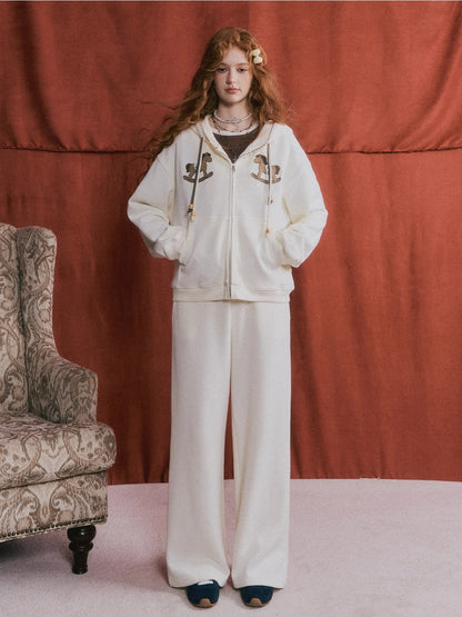 Embroidered Horse Beaded Zip-up Hoodie &amp; Pants Set