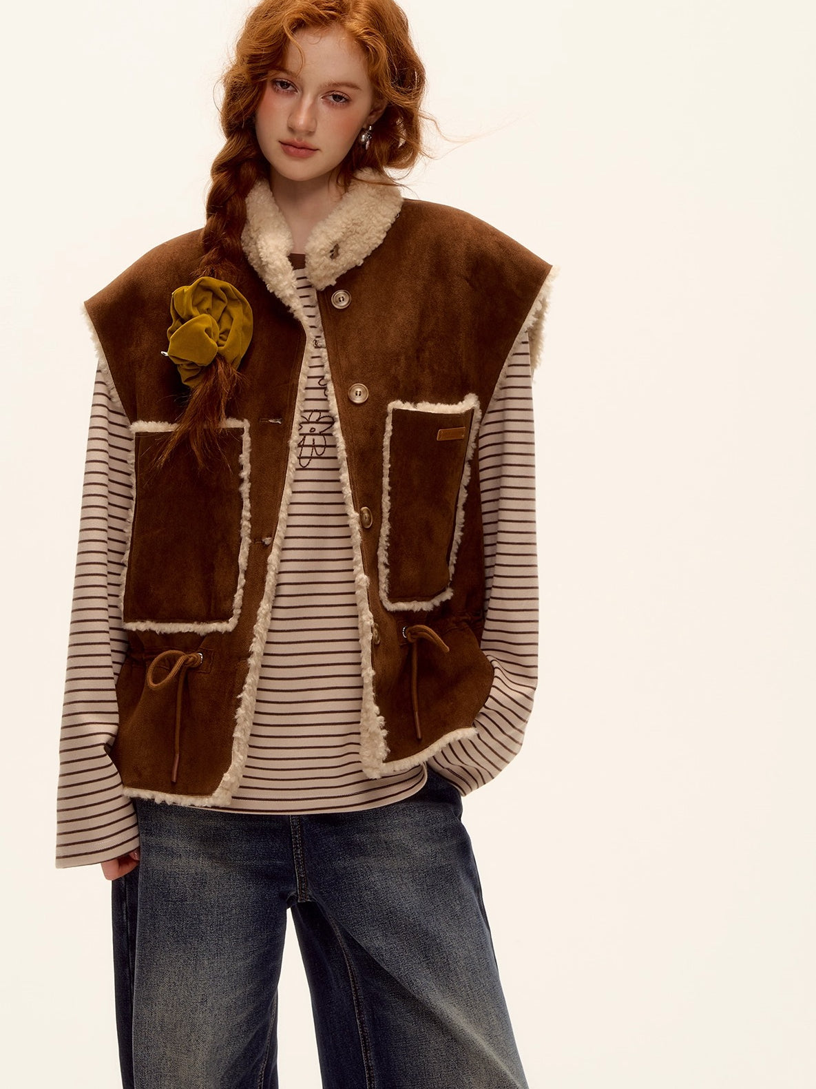 Reversible Faux Shearling Suede Drawstring Vest