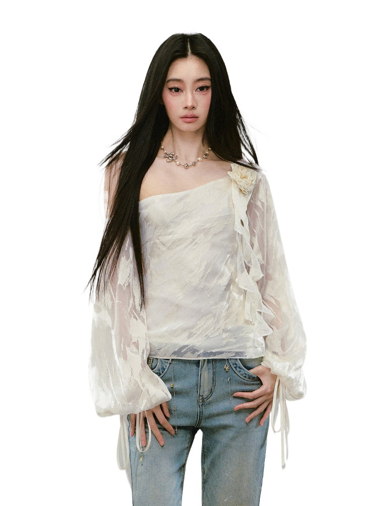 Irregular Slant Shoulder Lantern Sleeve T-shirt - CHINASQUAD