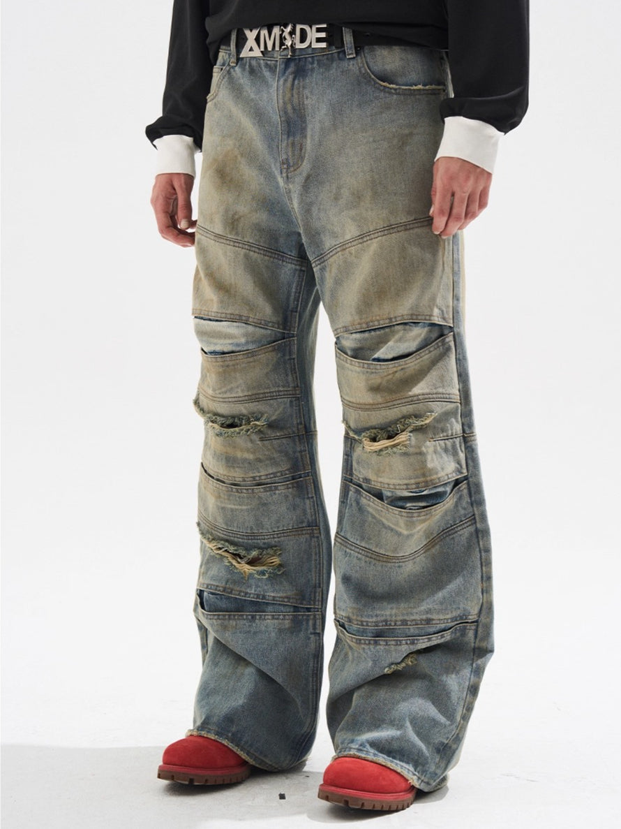 Layered Distressed Washed Loose Fit Denim Jeans