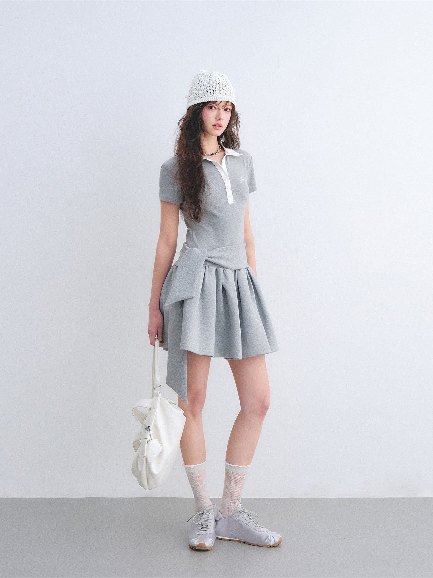 Contrast Polo Collar Puff Dress Two-Piece Set