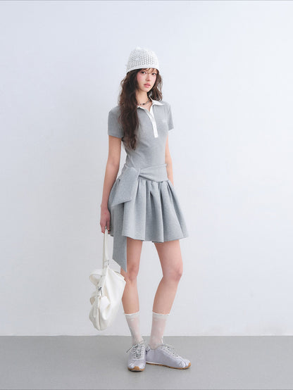 Contrast Polo Collar Puff Dress Two-Piece Set